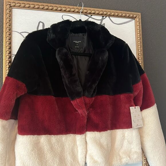 Faux Fur Jacket Block Color Slight Cropped Size Medium - Picture 2 of 5